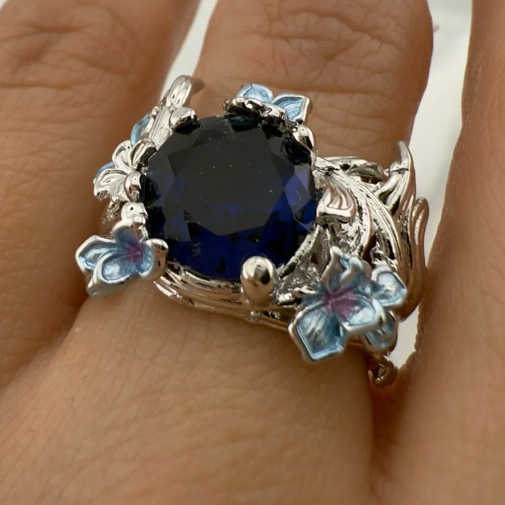 Anthropologie Elegant Silver and Blue Floral Ring